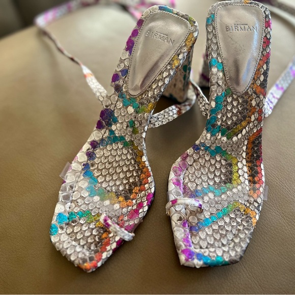 Alexandre Birman Python metallic multi color ankle tie square heel sandals - Picture 2 of 7